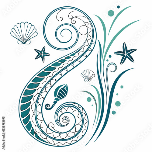 Teal Coastal Swirl Design with Seashells Starfish and Seagrass on White Background blue green