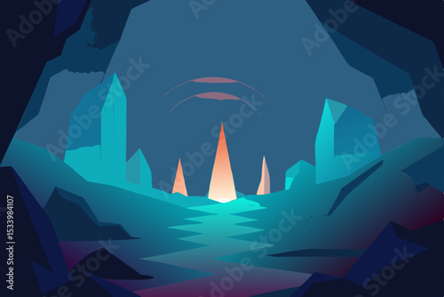 Glowing cave, abstract landscape, blue and orange vector illustration, scenic background