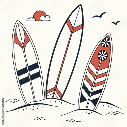 Three Surfboard Fins on Sandy Beach with Sunset and Birds Illustration vector