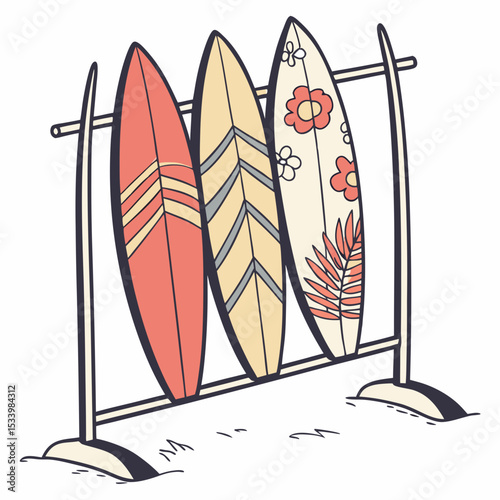 Three Surfboards on a Cream Colored Rack Against White Background Coral Beige and Gray Surfboard Designs