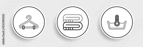 Set line Temperature wash, Hanger wardrobe and Towel stack icon. Vector