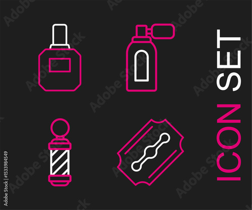 Set line Blade razor, Classic Barber shop pole, Aftershave with atomizer and icon. Vector