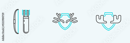 Set line Moose horns on shield, Bow and arrow in quiver and Deer antlers icon. Vector