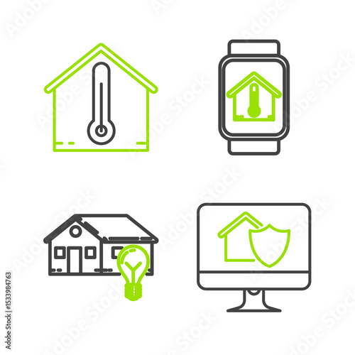 Set line Computer monitor with house under protection, Smart and light bulb, watch temperature and House icon. Vector
