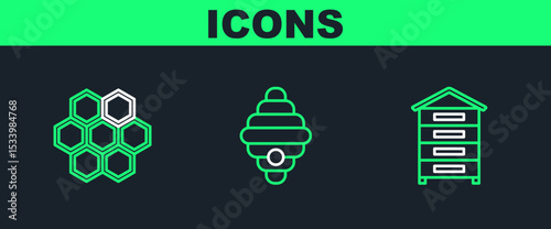 Set line Hive for bees, Honeycomb and icon. Vector
