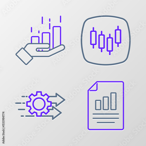 Set line Document with graph chart, Time management, Browser stocks market and Financial growth icon. Vector