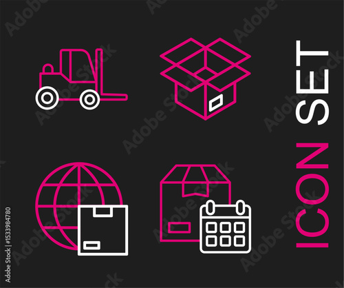 Set line Cardboard box with calendar, Worldwide shipping, Unboxing and Forklift truck icon. Vector