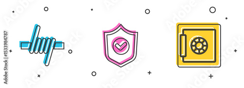 Set Barbed wire, Shield with check mark and Safe icon. Vector