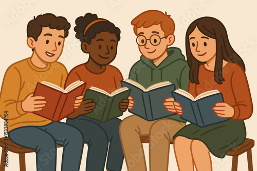 Diverse group of young friends reading books together in a book club. Multicultural students studying, learning literature. Concept of community, education and friendship.