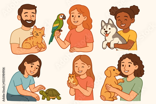 Happy diverse people with their pets set. Cartoon characters, man, woman, child caring for dog, cat, parrot, hamster, turtle. Pet ownership and animal companionship concept vector.