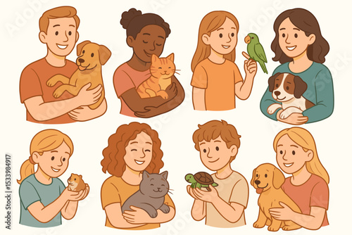 Joyful pet owners and their animal companions. Vector character set of diverse people holding dogs, cats, a parrot, turtle, and hamster. Concept of animal care, adoption, and friendship.