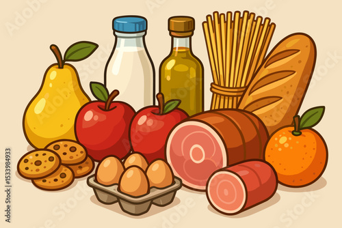 Grocery food collection vector illustration. Set of fresh ingredients for a healthy diet with fruit, milk, eggs, bread, ham, pasta. Supermarket shopping concept cartoon.