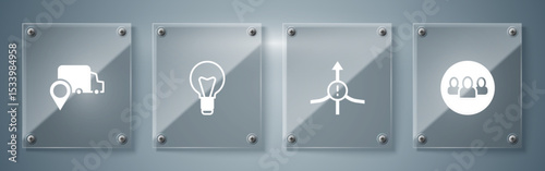 Set Project team base, Arrow, Light bulb and Delivery tracking. Square glass panels. Vector