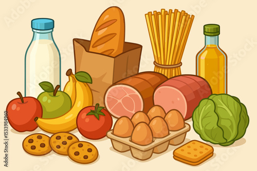 Grocery food collection. Cartoon illustration of fresh daily products from the supermarket. Assortment of fruit, vegetables, meat, bread, milk, eggs, and pasta. Balanced diet.