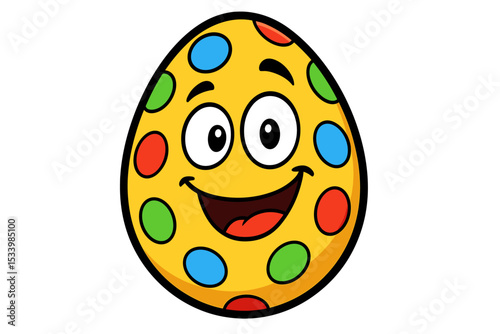 Cute cartoon Easter egg character with a happy smiling face. Yellow mascot with colorful polka dots for spring holiday celebration. Funny vector illustration for kids, isolated.