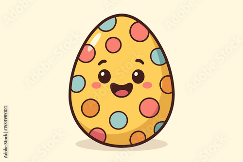 Cute kawaii Easter egg character with a happy smiling face. Yellow egg with colorful polka dots, vector illustration. Adorable cartoon mascot for spring holiday celebration and kids.