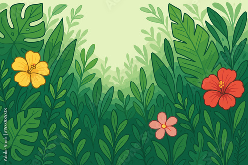 Tropical botanical paradise background with exotic jungle leaves and flowers. Vector illustration of a rainforest with monstera and hibiscus. Summer nature frame for text copy space.