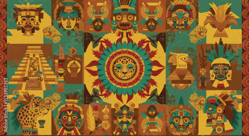 A flat and colorful geometric design inspired by Aztec civilization