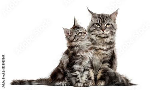 Maine coon kitten and mother in front of white background