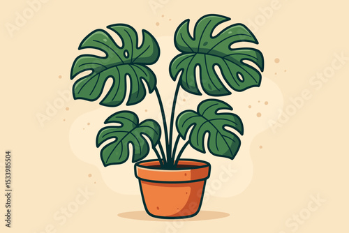 Stylish houseplant vector illustration of a Monstera Deliciosa. Cute cartoon Swiss cheese plant in a pot. Isolated graphic element for home decor, botanical design, nature concepts.