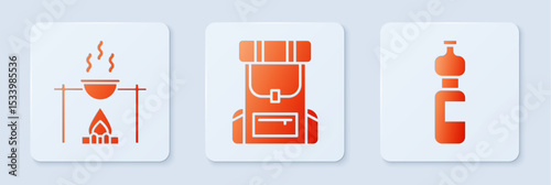 Set Hiking backpack, Campfire and pot and Bottle of water. White square button. Vector