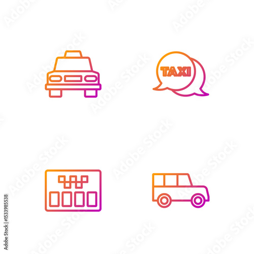 Set line Car, Taximeter, car and call telephone service. Gradient color icons. Vector