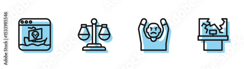 Set line Thief surrendering hands up, Internet piracy, Scales of justice and Broken window icon. Vector