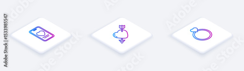 Set Isometric line Online dating app and chat, Amour with heart arrow and Wedding rings. White square button. Vector