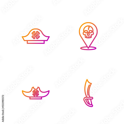 Set line Pirate sword, hat, and Location pirate. Gradient color icons. Vector