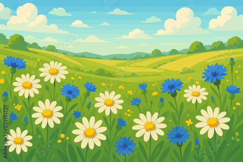 Summer field with blooming daisies and cornflowers. Beautiful rural landscape with green hills and blue sky. Vector nature illustration background. Idyllic countryside scene.