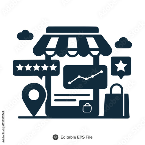 A storefront icon featuring ratings, reviews, location pins, and performance graphs for business insights
