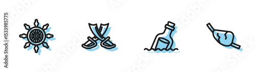 Set line Bottle with message in water, Ship steering wheel, Crossed pirate swords and Pirate eye patch icon. Vector