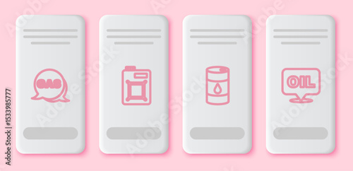 Set line Location and gas station, Canister for motor oil, Barrel and Word. White rectangle button. Vector