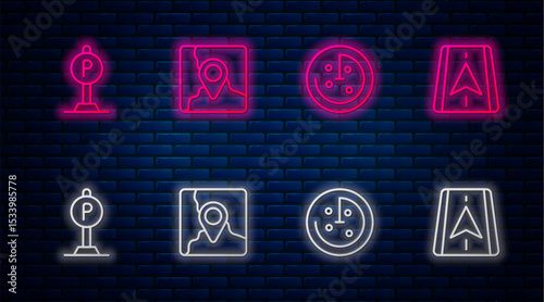 Set line Folded map with location marker, Radar targets monitor, Parking and City navigation. Glowing neon icon on brick wall. Vector