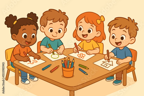 Cute diverse children drawing in preschool. Happy multicultural kids in art class. Group of kindergarten students learning together. Creative activity and education vector illustration.