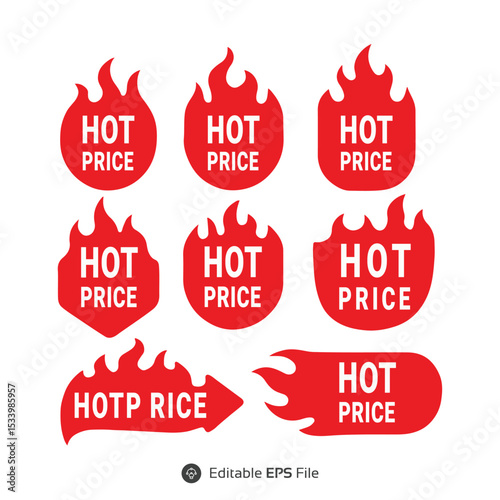A set of bold "HOT PRICE" flame-shaped labels designed for retail promotions and special discounts, ideal for grabbing customer attention.
