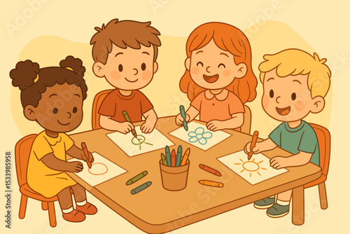 Happy diverse group of preschool kids drawing with crayons at a table. Cute multicultural children in kindergarten art class. Education, creativity and friendship concept.
