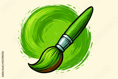 Paintbrush with green paint creating a circular swirl. Artistic vector illustration. Concept for creativity, ecology, nature, sustainability, environment, and art school.