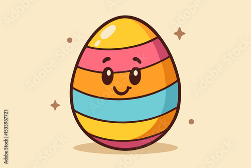 Kawaii Easter egg character with a happy face. Cute colorful striped egg illustration for spring holiday celebration. Cartoon vector graphic for kids, festive decoration, greeting card.