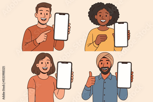 Set of diverse people holding smartphones with blank screens. Happy multiethnic characters showing mobile phone mockups. Man and woman presenting app or website. Vector cartoon.