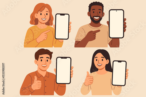 Set of diverse people holding smartphones with blank screens. Happy multiracial characters showing mobile phone display for mockup. Man and woman pointing, giving thumbs up. Vector.