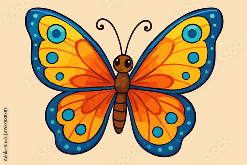 Cute cartoon butterfly character with a friendly smiling face. Vibrant orange and blue insect illustration isolated on a background. Simple vector graphic for kids and nature concepts.
