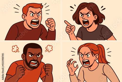 Set of angry people showing aggression. Furious diverse men and women shouting and screaming. Concept of rage, conflict, and negative emotions. Vector illustration of a quarrel or argument.