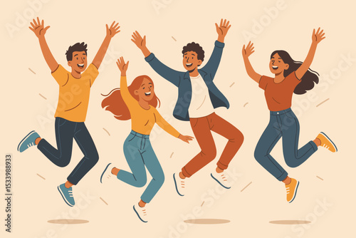 Happy diverse friends jumping for joy. Group of young people celebrating success together. Cheerful men and women in casual clothes. Flat vector illustration of fun and excitement.