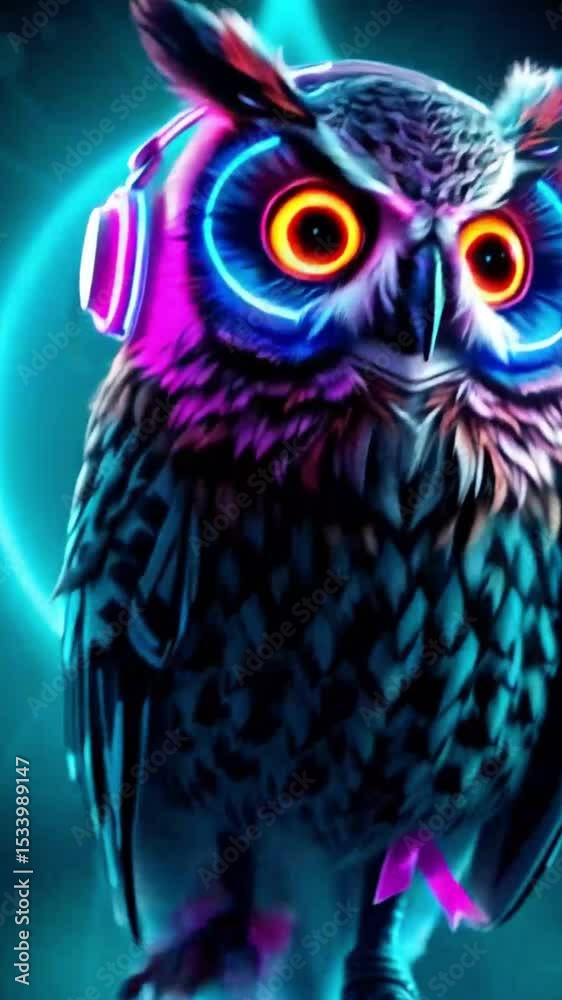 Neon Owl with Headphones Dancing to Music in a Futuristic Cyberpunk Style with Glowing Lights and Vibrant Colors