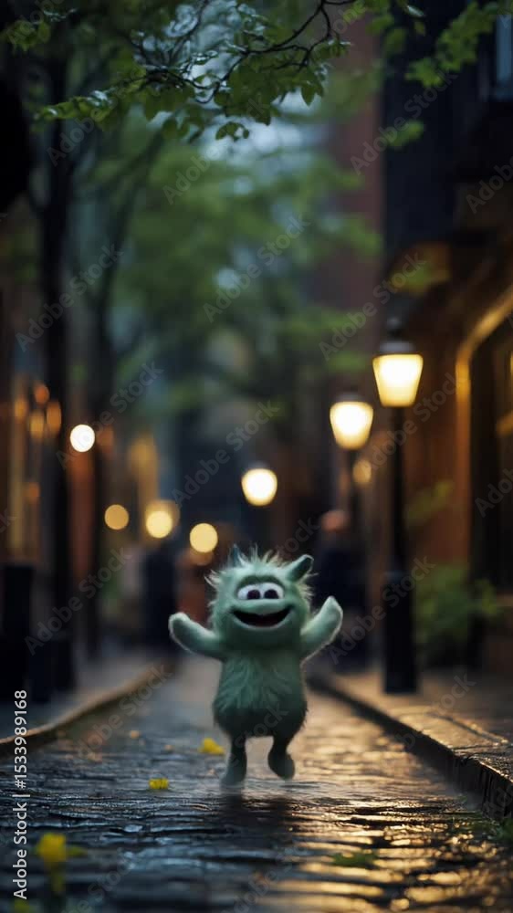 Adorable Furry Green Creature Joyfully Jumping on a Rainy Cobblestone Street Surrounded by Warm Streetlights