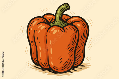 Orange bell pepper vector illustration. Hand-drawn retro style sketch of a fresh capsicum vegetable. Healthy organic food, farm market ingredient concept. Vintage paprika icon.
