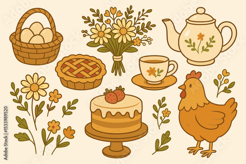 Cozy countryside farm life illustration set. Vintage cottagecore collection with chicken, eggs, pie, strawberry cake, tea pot, and daisy flowers. Cute retro graphic elements.