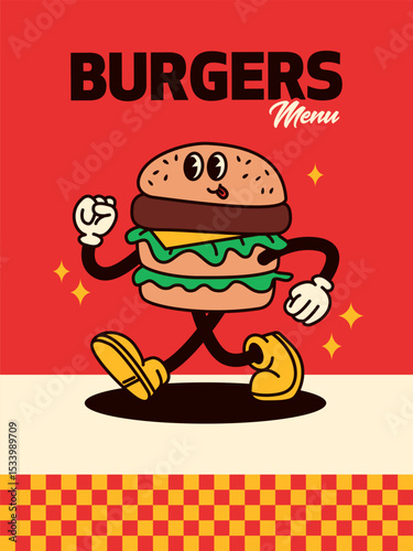 Retro Style Burger Guy Poster. Vector Illustration of Old Fashion Vintage Cartoon Happy Concept. Street Food Menu.