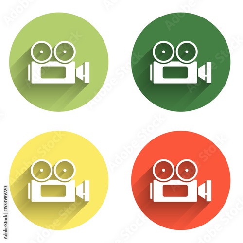 Set Cinema camera icon isolated with long shadow background. Video camera. Movie sign. Film projector. Color circle button. Vector